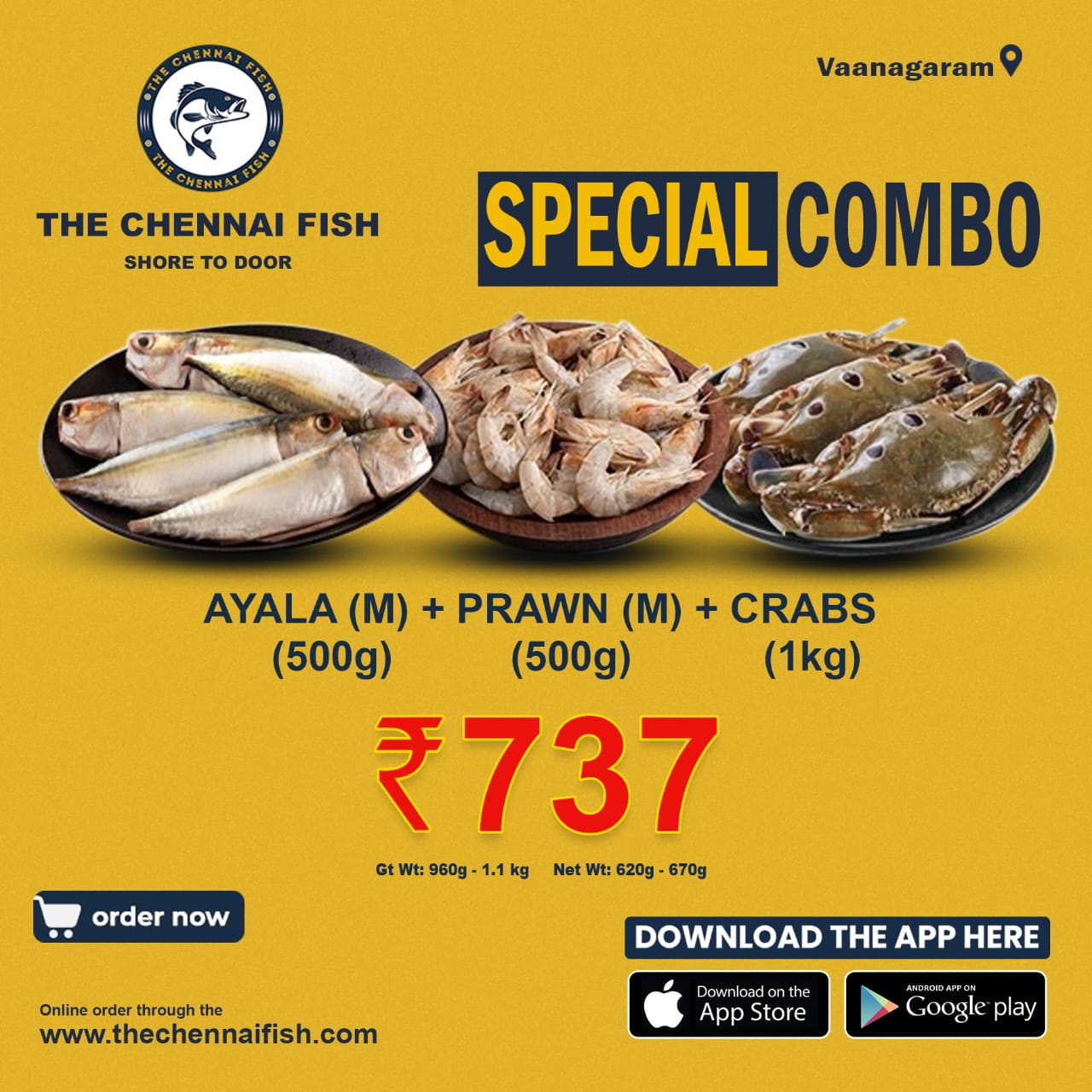 Ayala(1kg) + Prawn(m-500g) + Crabs(1 kg) Delivery only on Saturday & Sunday.